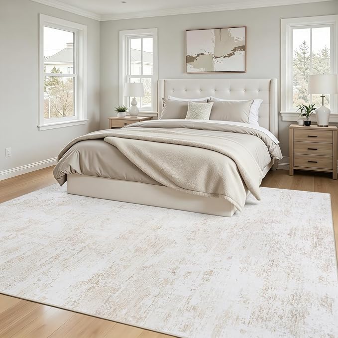 6x9 Area Rugs Living Room Rug Modern Abstract Neutral Washable Rugs Non Slip Soft Carpet Large Area Rug Low Pile Stain Resistant Non Shedding for Bedroom Nursery Dining Room Home Office Beige White
