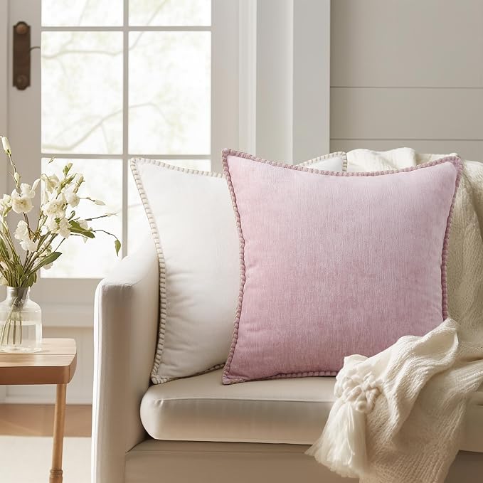 decorUhome Soft Chenille Throw Pillow Covers 18x18 Set of 2 Blush Pink | Fall Textured Decorative Throw Pillow Cases Stitched Edge Modern Farmhouse Luxury Boho Velvet for Couch Sofa Bed Home Decor