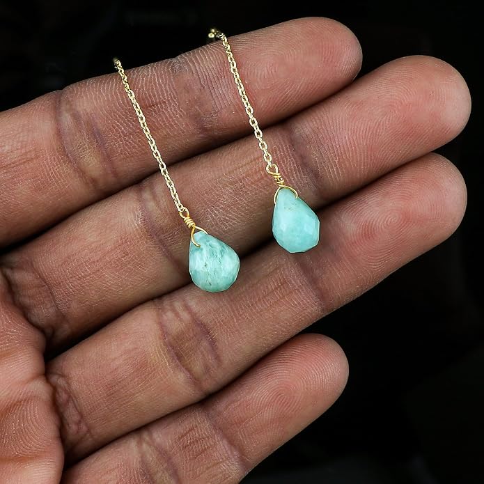 Natural Gemstone Threader Earrings for Women - Dainty 2mm Faceted Beads - Birthstone Crystal Drop Earrings - Silver Plated Healing Jewelry
