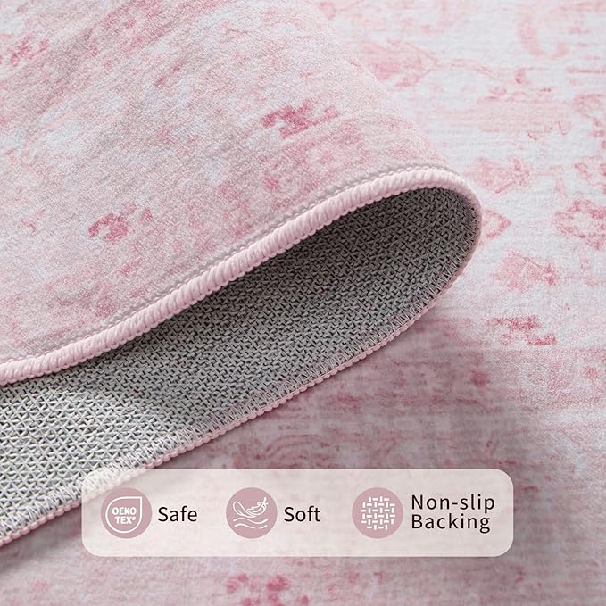 Rugxara Pink 4x6 Area Rug Washable Rug for Bedroom Nursery Girls Room | Non Slip, Throw Rug for Living Room Kids Room Entryway Dining, Stain Resistant, Soft, Low Pile, Vintage Boho Floral Carpet