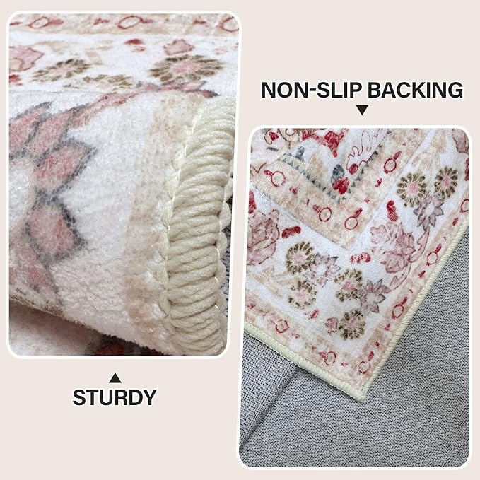 Vhong Pink Area Rugs Washable Boho Vintage Modern Neutral Small Carpet 3×5 High Traffic Rugs for Dinning Room Living Room Bedroom Girls' Room Nursery Room Non Slip
