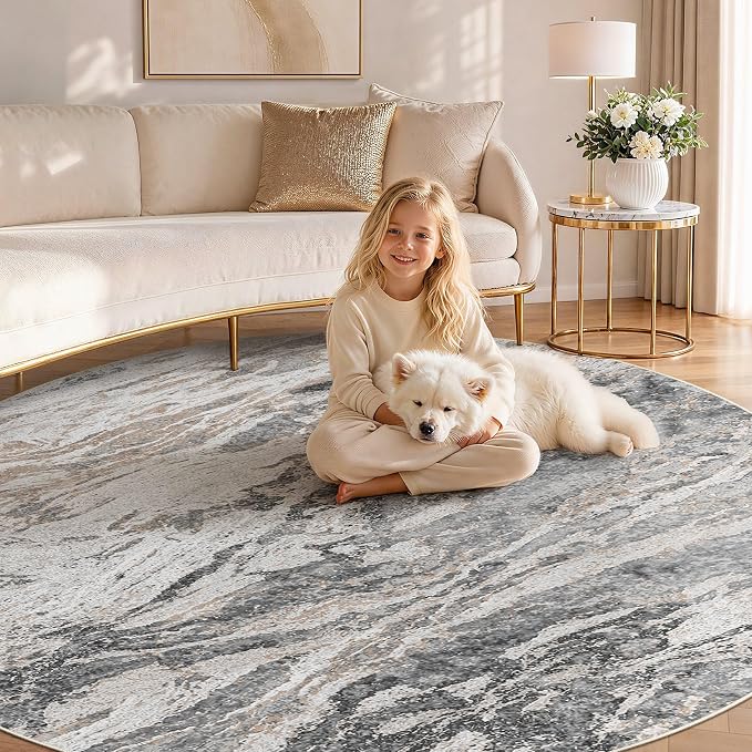 Area Rugs for Living Room: 10ft Round Abstract Washable Rug Modern Neutral Large Soft Stain Resistant Non-Slip for Bedroom Dining Room Indoor Home Office Carpet - Tapue