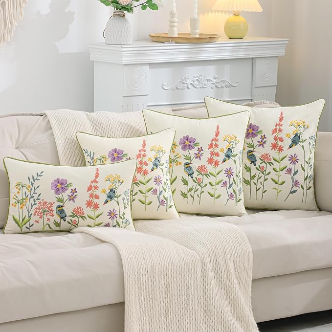 Embroidered Throw Pillow Covers 20 x 20 inch Pack of 2 Vintage Birds with Flowers Farmhouse Pillow Cushion Cases Summer Decorative Pillowcases Home Decor Square Floral Pillow Case