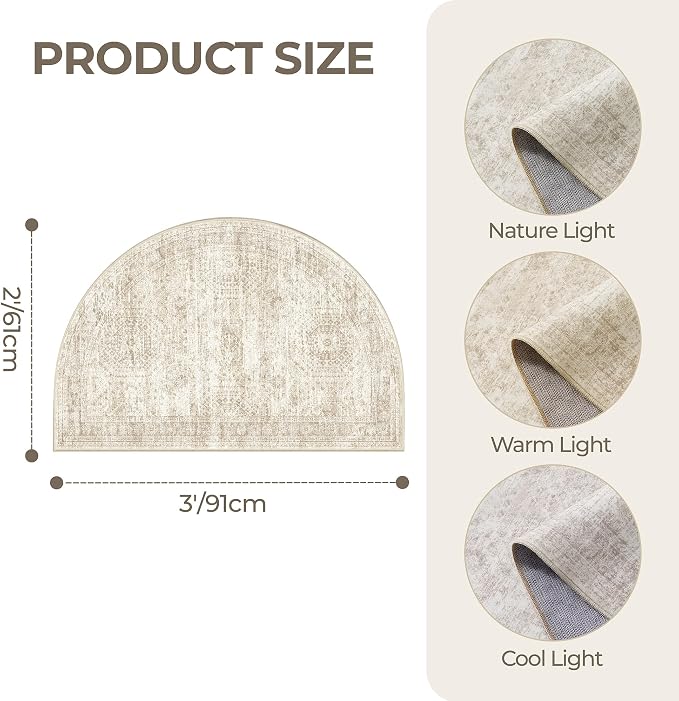 2x3 Half Circle Rug, Small Washable Entryway Rug,Beige | Semi Circle Rug for Kitchen,Front Door,Bathroom,Thin,Soft Welcome Mat,Stain Resistant Indoor Carpet,Non Slip
