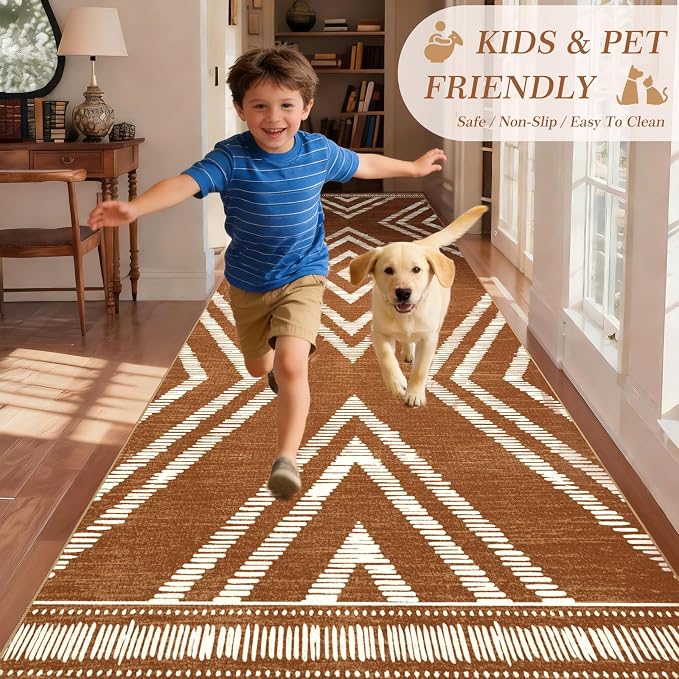 3x16ft Boho Hallway Runner Rugs Washable Non Slip, Long Brown Entryway Rug Runners Non Shedding, Geometric Kitchen Floor Carpets for Doorway Entrance Farmhouse Living Room Home Decor