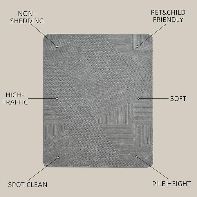 Gray 8x10 Modern Geometric Area Rug – Washable Living Room Rug, Minimalist Linear Carpet with Soft High-Low Pile, Fluffy Floor Rugs for Bedroom, Kids Room, Nursery, Home Décor, Grey