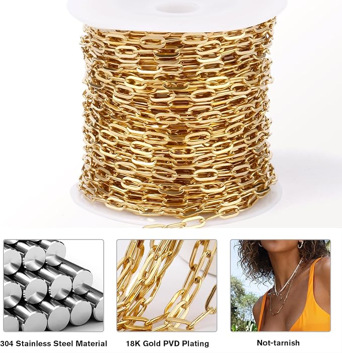 33FT 18K Gold PVD Plated Paperclip Chains Roll, 3.3mm Gold Stainless Steel Oval Link Chains Spool Bulk for DIY Jewelry Making Necklace Bracelet