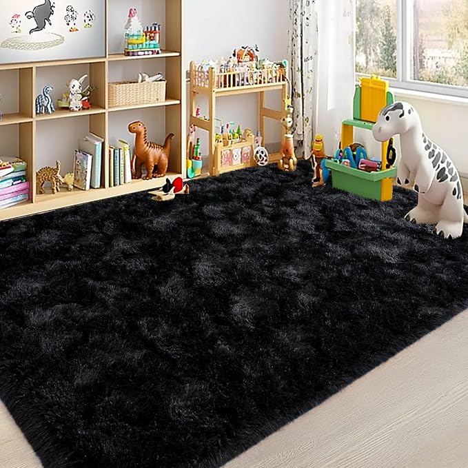Large Area Rugs for Living Room Bedroom 10x14 Black Fluffy Shag Rugs | Ultra Soft Shaggy Plush Fuzzy Modern Indoor Throw Floor Carpet for Kids Girls Boys Dorm Nursery Home Decor Aesthetic