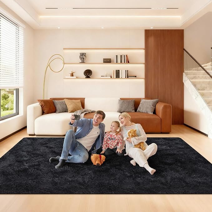 Black Rugs for Living Room, Large Fluffy 6x9 Area Rugs for Bedroom, Fuzzy Shag Soft Non-Slip Carpet for Kids Girls and Boys Nursery Dorm Indoor Room Home Decor (6ft X 9ft, Black)