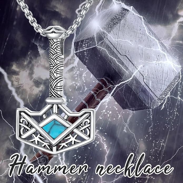 PELOVNY Thor Hammer Necklace 925 Sterling Silver Turquoise/Snake Pendant Viking Jewelry for Anniversary Birthday Christmas Gifts Men Women