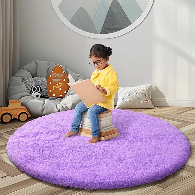Super Soft Circle Rugs for Girls Princess Castle Toddlers Play Tent 3 Diameter Circular Area Rugs for Bedroom Home Decor Round Shag Playhouse Carpets(Φ3, Purple)