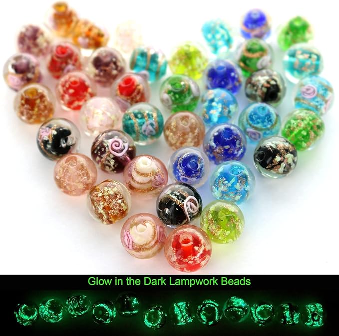 Artsy Crafts 40 Pcs Assorted Glow in The Dark Firefly Beads 12mm European Lampwork Luminous Glass Beads for Jewelry Making Charm Bracelet Necklace Earrings Crafts (Mixed 40pcs)