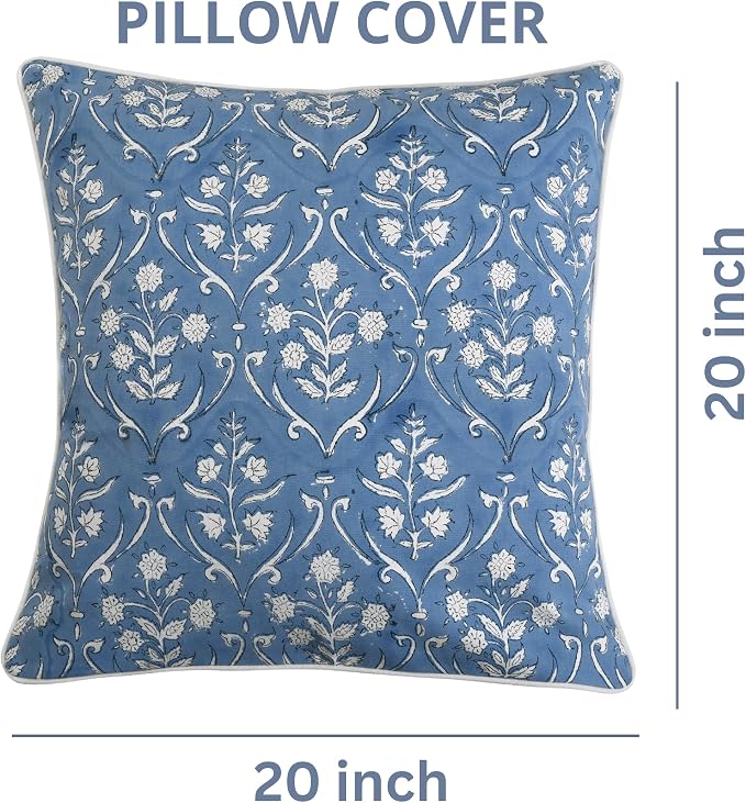 Ridhi Block Print Cornflower Blue Pillow Cover 20" x 20" (Pack of 2) Decorative Couch Pillows for Living Room, Chic Boho Cute Outdoor Pillows Covers Gifts for Spring, Easter and Valentine