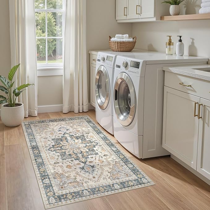 Tortania Area Rug Living Room Rugs - 3x5 Washable Rug Vintage Oriental Distressed Farmhouse Small Thin Indoor Carpet for Living Room Bedroom Under Dining Table Home Office - TealTaupe