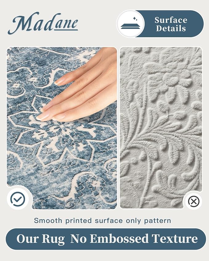 Madane 8x10 Area Rugs for Living Room, Machine Washable Vintage Rug with Non-Slip Backing, Soft Floral Print Large Throw Rugs, Thin Carpet for Bedroom Dining Room Farmhouse (8 x 10, Blue)