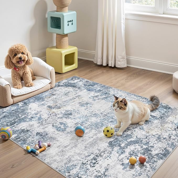 DMOYEST 4x6 Area Rug - Washable & Non Slip Indoor Rug for Living Room, Ultra Soft Abstract Low Pile Carpet, Kid & Pet Friendly Neutral Decor for Bedroom - Blue