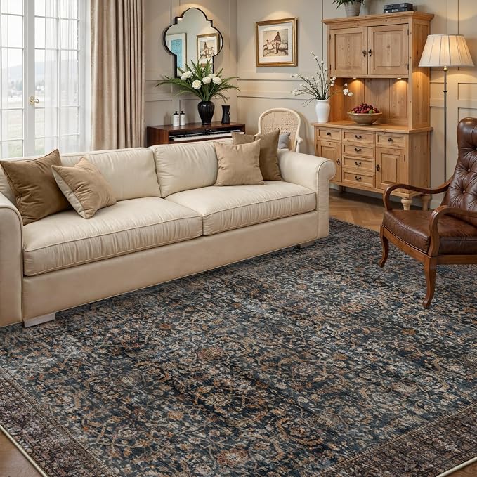 Collive Washable Area Rug 8x10, Antique Distressed Rugs for Living Room, Vintage 8x10 Non Slip Farmhouse Modern Bedroom Carpet Stain Resistant Print Accent Floor Mat for Dining Office - Brick