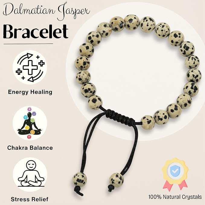 Amazing Gemstone Dalmatian Jasper Bracelet, Gifts for Men & Women - Protection Healing Crystal Bracelet - 8mm Gemstone Beaded Adjustable Bracelet, Pulseras para Hombres Mujer Stocking Stuffers