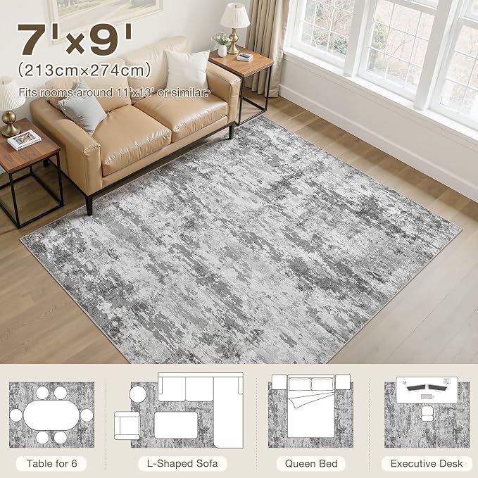 7x9 Area Rug, Non Slip Low Pile Washable Large Rug for Living Room | Soft Modern Abstract Carpet, Stain Resistant Kid & Pet Friendly, Made for Dining Room, Nursery Home Office Indoor - Dark Gray
