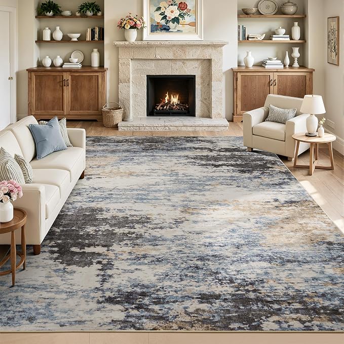 Lofus 8x10 Area Rug for Living Room,Abstract Large Rugs with Non-Slip Backing, Neutral Modern Washable Carpet for Bedroom Dining Room Home Office Nursery Indoor, Dark Grey/Blue