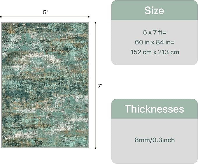 GENIMO Abstract Area Rug 5x7, Washable Modern Rug Non Slip, Low Pile Lightweight Soft Large Carpet for Living Room, Bedroom, Dining Room, Turquoise