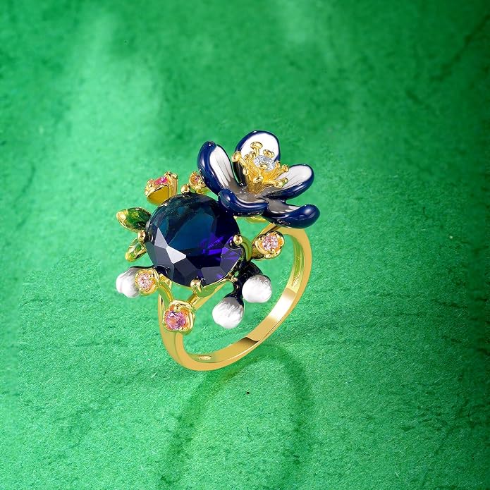 Santuzza 925 Sterling Silver Enamel Flower Ring for Women