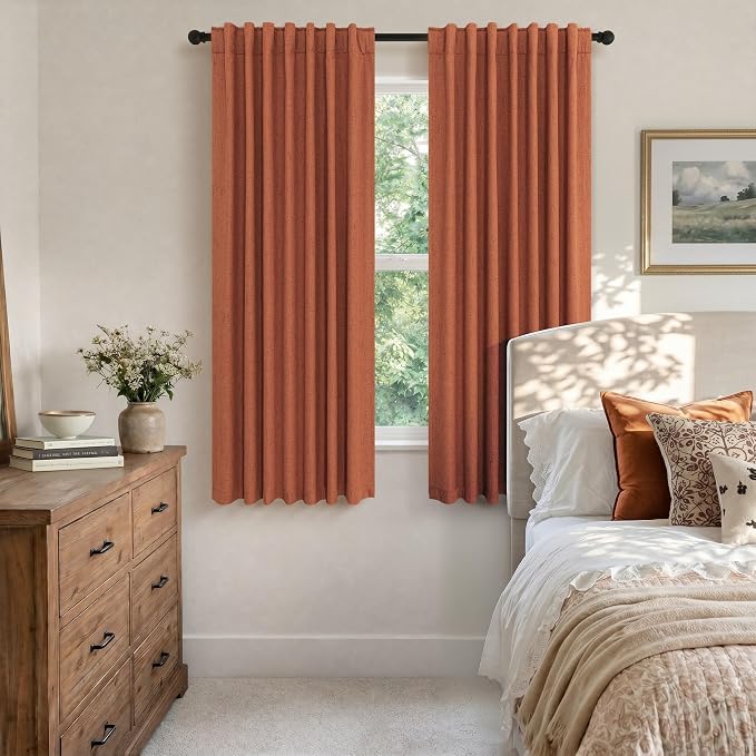 Pitalk Terracotta Blackout Curtains for Nursery 63 Inch Length 2 Panel Autumn Fall Decoration Linen Boho Western Curtain for Bedroom Window Room Darkening Rust Curtains for Living Room Dining MCM