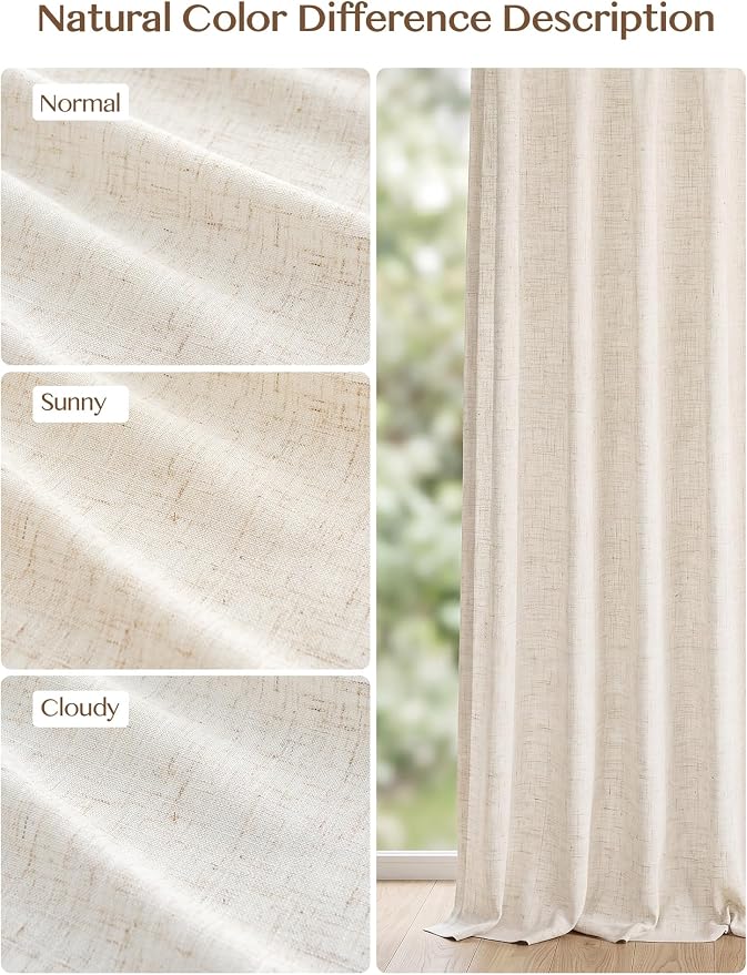 Liz Pinch Pleated Linen Curtains 92 Inches Long - Light Filtering Curtains for Living Room, Semi Sheer Window Curtains for Bedroom, Luxury Pinch Pleated Drapes with Hooks, Natural, 2 Panels Set