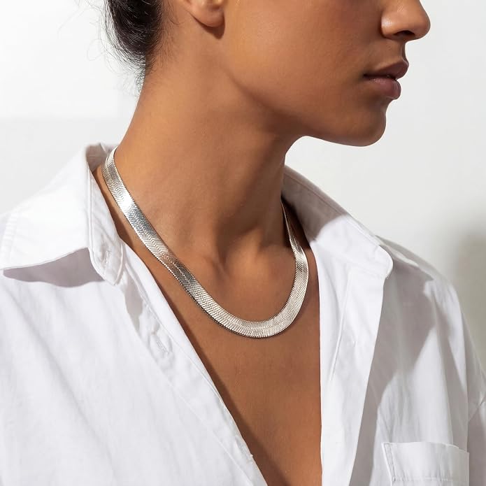 WomenGifts 14K Gold Silver Plated Herringbone Necklace for Women, Dainty Snake Chain Choker, Trendy Simple Long Layered Jewelry Non Tarnish, 3/4/5/8mm,14,16,18,20,22,24,26 Inch Thin & Chunky Options