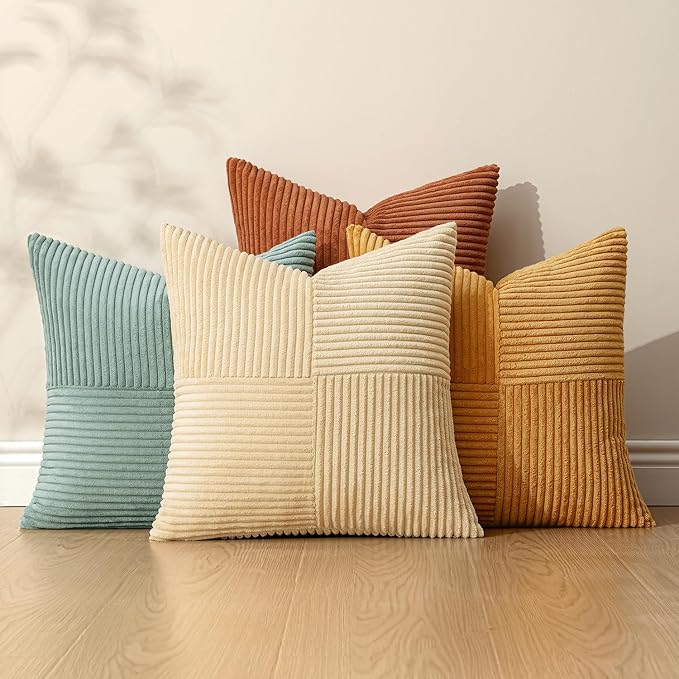 MIULEE Fall Boho Farmhouse Decorative Throw Pillow Covers 18x18 Inch 4 Packs Soft Vintage Pillow Cases Modern Corduroy Patchwork Cushion Covers for Couch Sofa Bed Home Decor, Teal-Rust