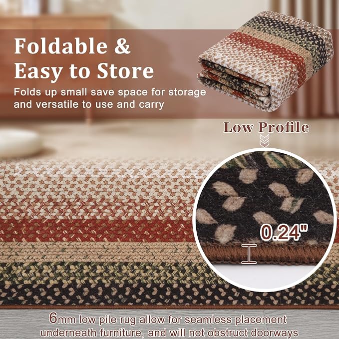 RUGSREAL Hallway Runner Rug 2x6 Braided Machine Washable Kitchen Rug Farmhouse Runner Carpet Non Slip Stain Resistant Rustic Carpet Modern Printed Area Rug for Living Room Bedroom, Crimson/Earthy