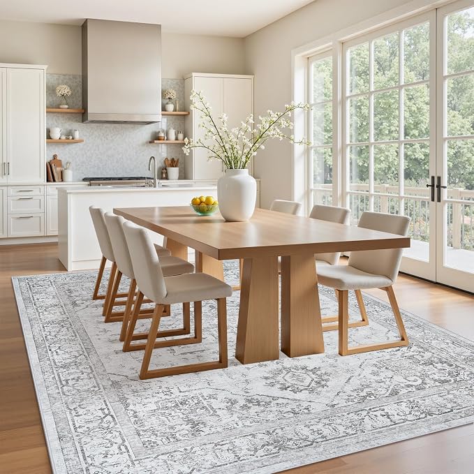 6x9 Area Rugs for Bedroom:Gray Washable Vintage Medallion Rug Non-Slip Soft Low Pile Large Rugs Indoor Retro Carpet for Living Room Kitchen Nursery Dining Table Office (Gray, 6'x9')
