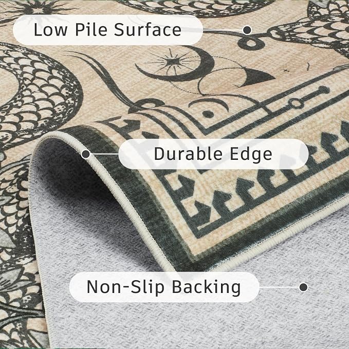 DCX Washable 8x10 Snake Rug, Beige Gothic Rug for Living Room, Soft Low Pile Carpet, Kid & Pet Friendly with Rubber Back Non Slip, Stain Resistant Rug for Bedroom Dining Room Office
