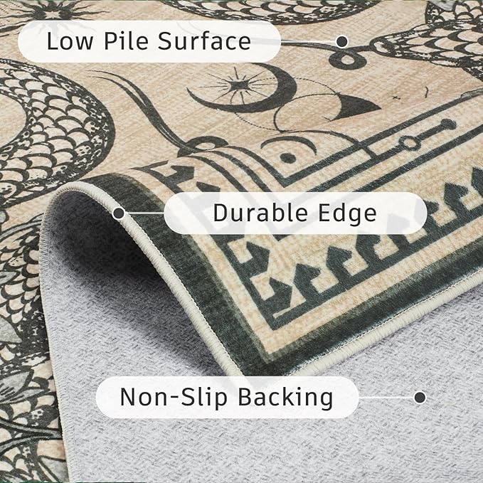 DCX Washable 3x5 Snake Rug, Beige Gothic Rug for Living Room, Soft Low Pile Carpet, Kid & Pet Friendly with Rubber Back Non Slip, Stain Resistant Rug for Bedroom Dining Room Office