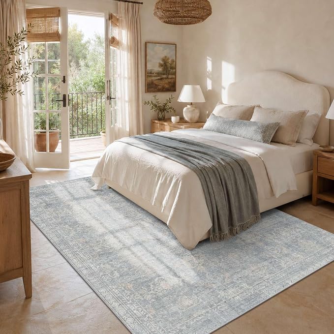 Rugxara 5x7 Area Rugs Washable Rug for Living Room Bedroom, Blue/Beige | Non Slip, Rug for Dining Room Dorm Office Farmhouse, Stain Resistant, Soft, Vintage Boho Carpet, Low Pile, Home Decor