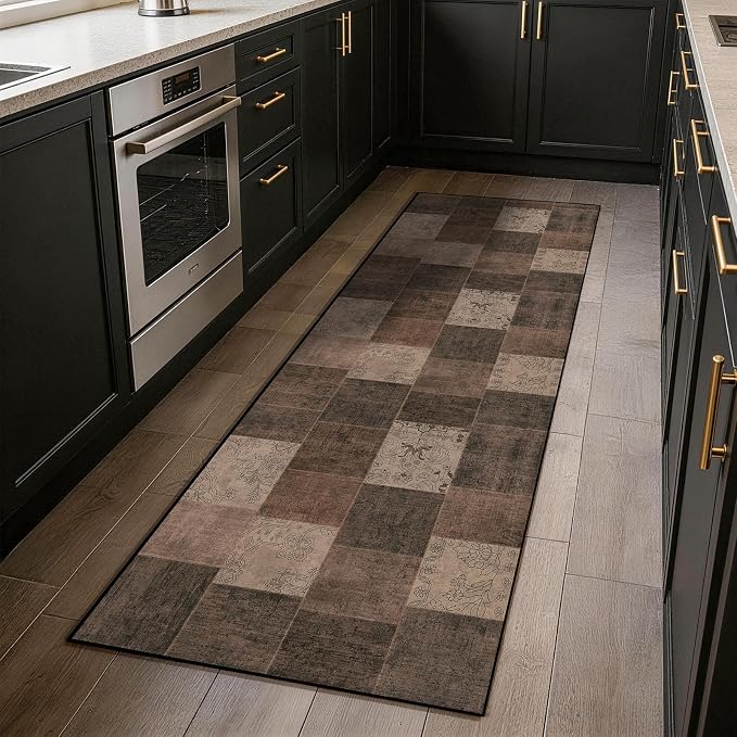 LIANLAM 2x6 Washable Runner Rug for Hallway&Kitchen,Non-Slip Long Carpet with Vintage Boho Checkered Design,Ultra-Thin Low Pile,Stain Resistant Easy Clean Floor Mat for High Traffic Areas(2x6,Brown)