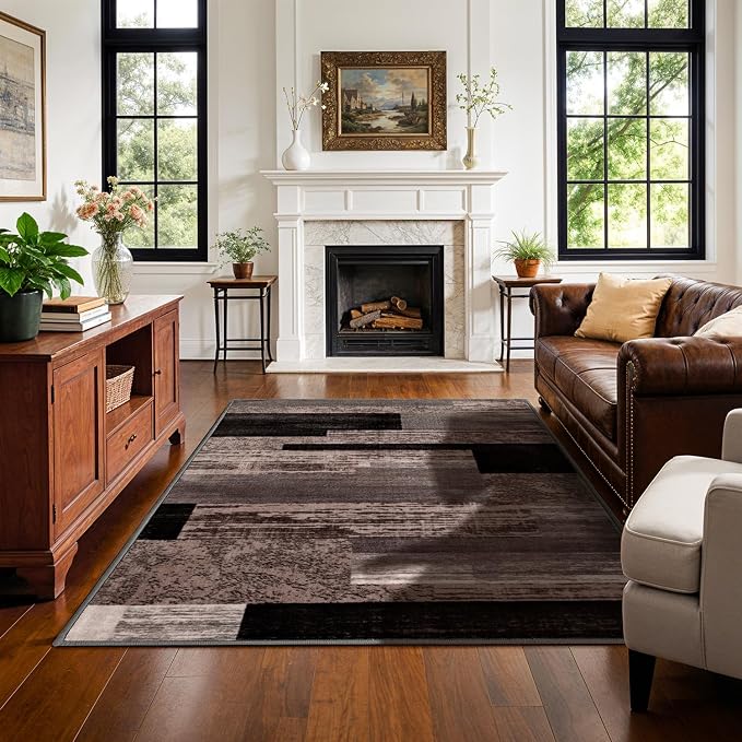 LIANLAM 3x5 Washable Area Rugs for Living Room and Bedroom(3x5,Chocolate) | Non-Slip Small Carpet,Vintage Checkered Pattern, Stain Resistant Faux Wool Low Pile Soft Rug for Dining Room,Office,Nursery