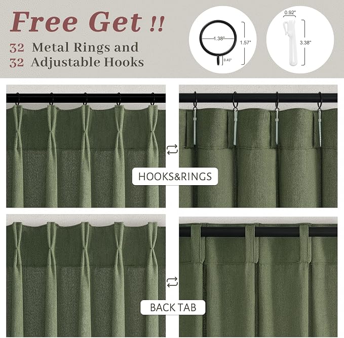 Loden Thick Linen Sliding Door Ceiling Curtains 102 Inches Long 4 Panels Set, Memory Shape Pinch Pleat Sheer Light Filtering Living Room Elegant Window Curtain with Hooks & Rings Olive Green Drapes