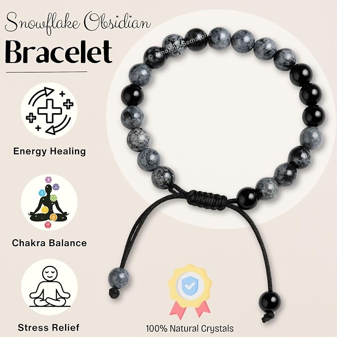 Amazing Gemstone Snowflake Obsidian Bracelet for Women Men's Gifts - Protection Healing Crystal Bracelet - 8mm Gemstone Beaded Adjustable Bracelet