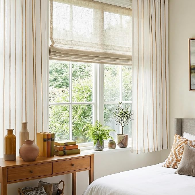 Vangao Striped Curtains Yellow on White Semi Sheer Curtains 63 Inches Long for Bedroom Living Room Modern Farmhouse Linen Textured Light Filtering Drapes 2 Panels Mustard Yellow W50 x L63 Inch