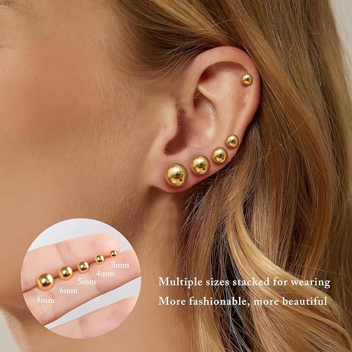 Stud Earrings Set for Women, 14K Gold Plated Hypoallergenic Heart Pearl Ball Studs Pack 316L Stainless Steel CZ Earrings Multi-Style & Size 3-8mm
