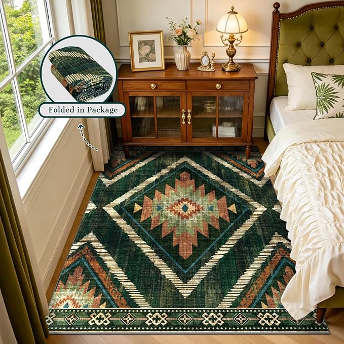4x6Ft Boho Area Rugs Non Slip, Green Washable Rug for Living Room, Soft Bedroom Carpet, Low Pile Moroccan Entryway Area Floor Carpets for Dining Room Kids Nursery Farmhouse