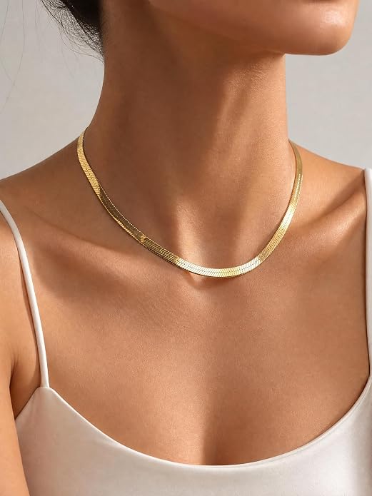 14K Gold/Silver Plated Stainless Steel Herringbone Necklace for Women, Dainty Snake Chain Choker, Trendy Simple Long Layered Jewelry, Non Tarnish 4mm Flexible Flat Necklace, Made in Italy