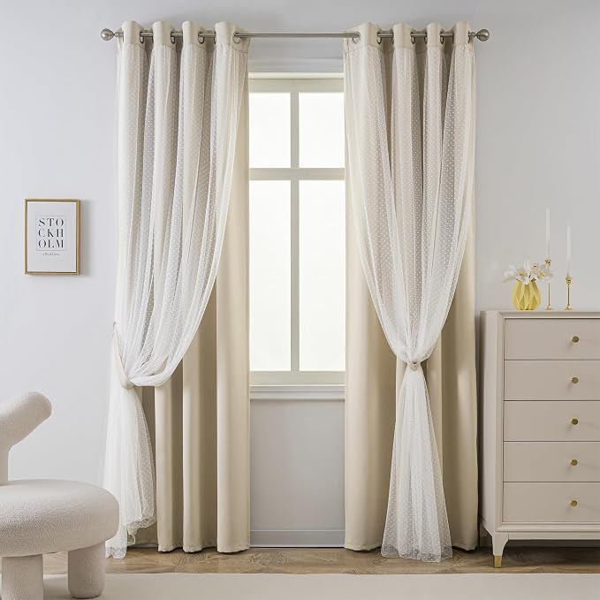 MYSKY HOME Beige Curtains for Living Room Cream Boho Blackout Curtains with Polka Dots Sheer Overlay for Girls Nursery Kids Room, Grommet Tops, 52x95 Inch Each Panel, 2 Panels