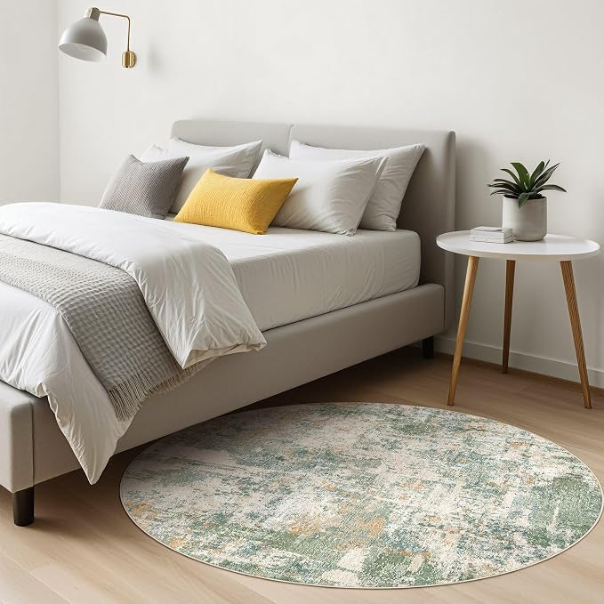 8ft Round Rug Living Room Rugs: 8x8 Washable Circle Large Abstract Modern Soft Stain Resistant Non-Slip Indoor Floor Carpet for Bedroom Nursery Office Dining Room Playroom Home House- Green