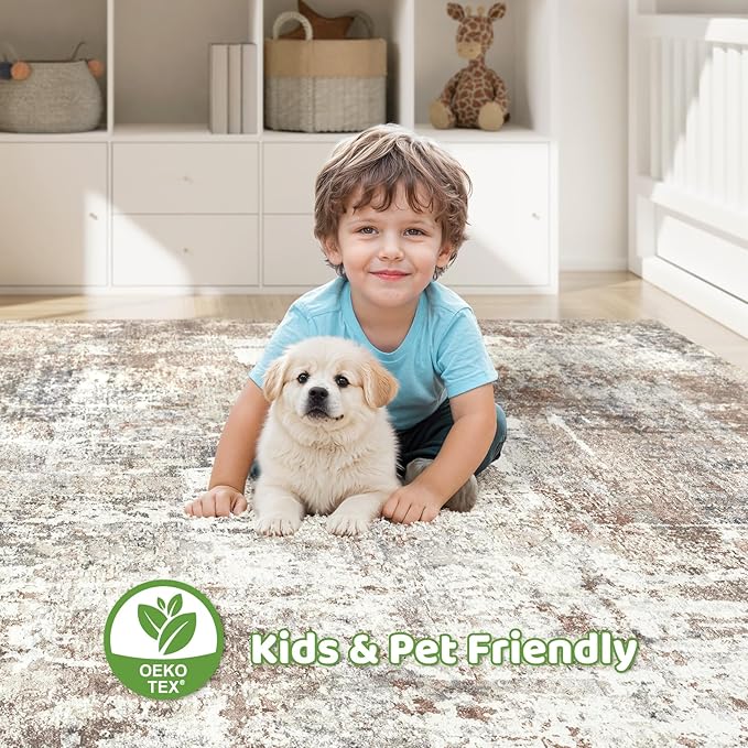 Square Rug 7x7 Living Room: Large Washable Abstract Modern Soft Area Rug Stain Resistant Indoor Floor Non-Slip Accent Carpet for Bedroom Nursery Playroom Dining Room Office Dorm Home Decor- Brown