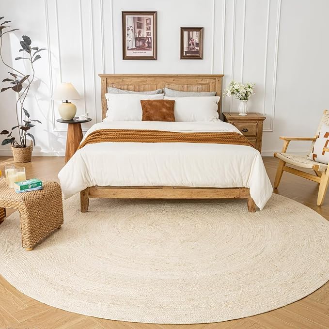 Shatex Round Jute Rug 9 Feet, Chunky Hand Braided Rug Farmhouse Style for Home Decor, Bedroom, Living Room, 100% Natural Jute Fiber, Diameter 108 Inch, Heavy-Duty, Off-White