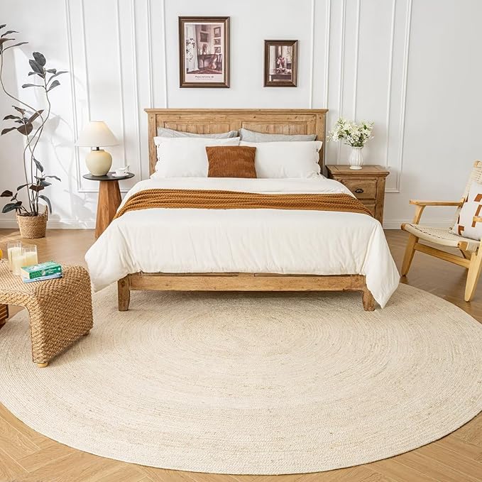 Shatex Round Jute Rug 7 Feet, Chunky Hand Braided Rug Farmhouse Style for Home Decor, Bedroom, Living Room, 100% Natural Jute Fiber, Off-White