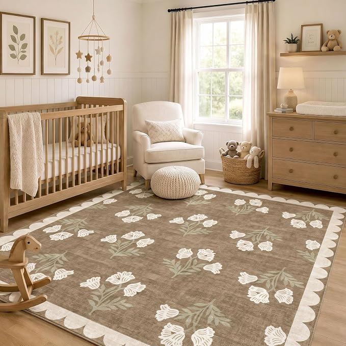 Tan Square Rugs 6ft - Soft Washable Boho Farmhouse Living Room Rug 6x6 Stain Resistant Dining Room Rugs for Under Table Cottage Floral Scalloped Area Rug for Bedroom Nursery Twin Beds Room
