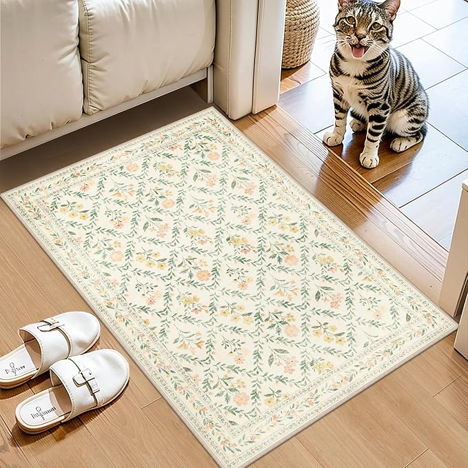Entryway Rug 2X3 Small Rugs: Floral Washable Door Mat Vintage Soft Low Pile Non-Slip Kitchen Rugs Stain Resistant Indoor Throw Rug for Entrance, Bedroom, Kitchen, Laundry, Bathroom Beige/Multi